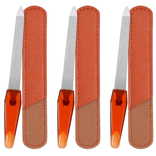 3 Pack Nail File Metal Sharp Pointed Tip with Leather Sheath Case 5 Inch | Double Sided Grit Nails for Natural Non Slip Handle Fingernail Files Stainless Steel Manicure for Women