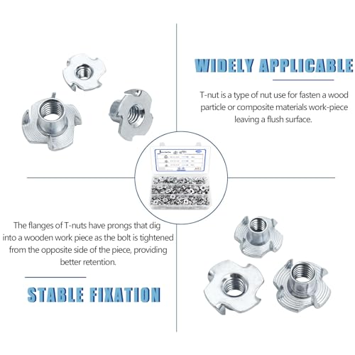 T Nuts 1/4"-20, 5/16"-18, 3/8"-16, Jovlalis 160pcs T-nut 304 Stainless Steel 4 Pronged Tee Blind Nuts Threaded Insert Assortment Kit for Wood, Rock Climbing Holds, Cabinetry, Furniture