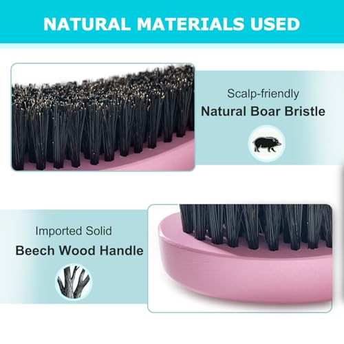 Boar Bristle Slick Back Hair Brush - Edge Control Hairbrush for Women Men | Medium Hard Natural Slicking Back Brushes for Straight and Curly Hair Smoothing Detangling, Anti-Frizz (Pink)