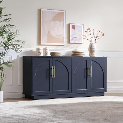 Fatmok 59" Sideboard Buffet Cabinet & TV Stand Set of 2, Modern Arched Credenza with Adjustable Shelves and Long Metal Handles, Wood Console Coffee Bar Storage for Living Room, Blue - color: Aa-blue