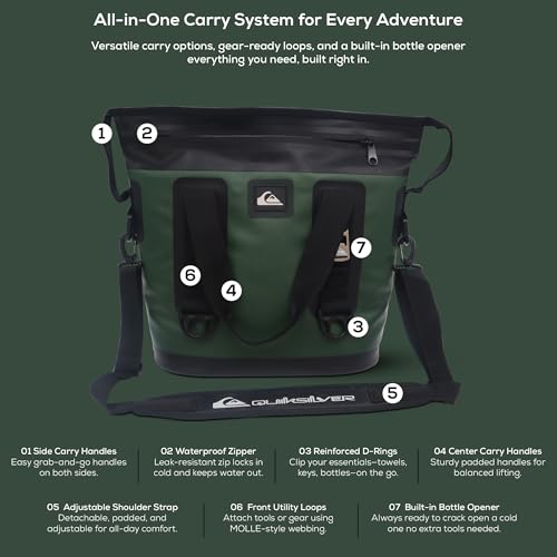Quiksilver Zipperless Backpack Cooler 30L, Holds 36 Cans, 48 Hour Insulation, Leakproof & Waterproof Design, Heavy Duty TPU, IPX7, Padded Straps, Kangaroo Pockets - color: Trekking Green
