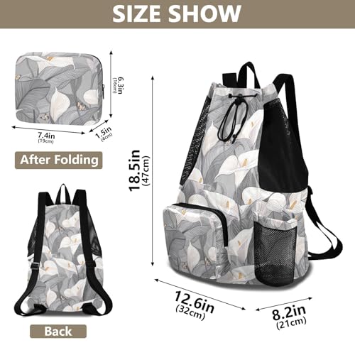 Drawstring Bags Climbing Gym Bag With Pockets String Bookbag Waterproof Safari Calla Lily Grey Flower