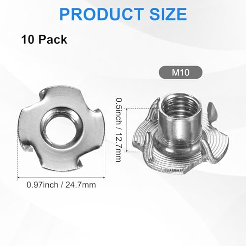 M METERXITY 10-Pack M10x12.7mm T-nut, 4-Pronged Tee Nut Threaded Insert | Stainless Steel, for Wood, Rock Climbing Holds, Furniture, Corrosion Resistant Fasteners - size: M10x12.7mm
