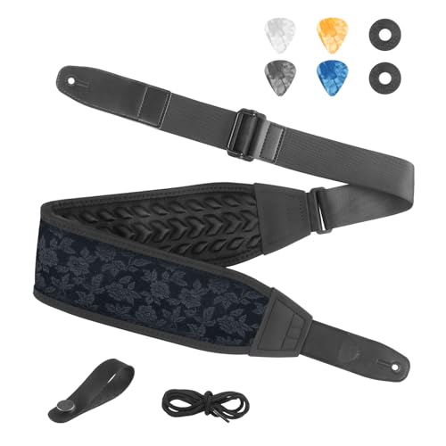 Guitar Strap and Bass Strap, Embroidered Guitar Strap, Adjustable Strap Length, Equipped with 3D Sponge Filled Foam Pad, Comes with 4 Picks + 2 Strap Locks, Best Gift for Guitar Players, Dark Blue - color: Deep Blue Embroidery