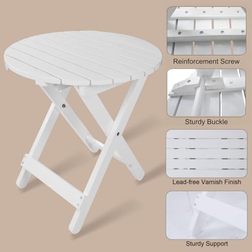 Outdoor Wooden Side Table, Folding Patio End Table, Small Round Furniture Table for Adirondack Chair, Balcony, Porch, Acacia Wood, No Assembly, White - color: R-white-1