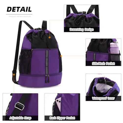 Valleycomfy Drawstring Gym Bag Sports Backpack With Shoe Compartment Purple | Reflective Strips Top Handle - color: Purple08