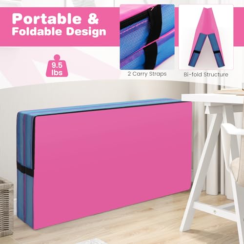 Goplus 4" Thick Folding Gymnastic Mat, Thickened Bi-Fold Fitness Mat with Carrying Handles & PU Leather Cover, Home Gym Tumbling Mat for Stretching, Pilates, Aerobics Workouts - color: Rose&Blue