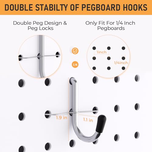 INCLY 100PCS 1/4 Inch Pegboard J Hooks with Peg Locks & Rubber Tipped | Heavy Duty, Peg Board Hooks Accessories,Peg Board Tool Hangers,Fit 1/4" Pegboard for Wall Hanging Tools or Display Jewelry