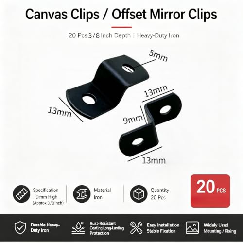 3/8" Depth Flat Offset Canvas Clips, Black Z Shaped Heavy Duty Double Hole Picture Frame Clips for Canvas Framing Hardware with Screws, 20Pcs - size: 3/8 Inch