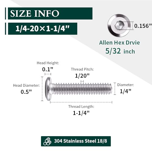 1/4-20 x 1-1/4" Hex Socket Head Cap Screws, 304 Stainless Steel 18-8, Chamfered Countersunk Machine Screws for Furniture, Binding, Machinery, Automotive, DIY Projects, 25 PCS - size: 1/4-20 x 1-1/4"
