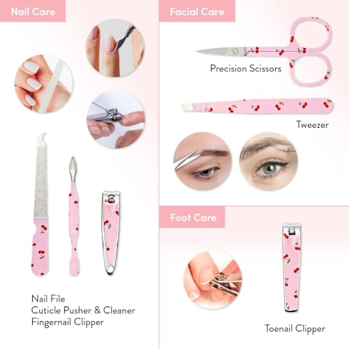 Éclat Manicure Pedicure Kit for Men & Women, 6Pcs Finger & Toe Nail Care Tools Includes Nail Clipper Cutter, Tweezer, File, Cuticle Pusher, Personal Care Professional Grooming Set With Travel Case - color: Mini Mani+pedi Print Set (6pc Cherry)