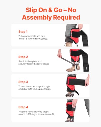 VEVOR Tree Climbing Spikes Set, 1 Pair Height-Adjustable Climbing Spurs with Security Harness and Utility Rope, 350lbs Load Capacity Tree Climbing Gear, Arborist Equipment for Climbers, Fruit Picking - color: Red