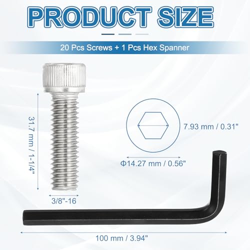 PATIKIL 3/8"-16 x 1-1/4" Socket Head Screws Cap Bolt, 10Pcs 304 Stainless Steel Hexagon Socket Screws with Hex Wrenches Full Thread for Road Bicycle Mountain Bike Auto, Silver/Black - color: Silver/Black, size: 3/8"-16 x 1-1/4"