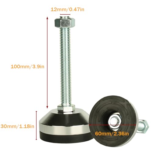 Heavy Duty Leveling Feet, M12 Thread,1300lb Capacity,4 Pcs | Stainless Steel Adjustable Leg Levelers for Shelving, Workbench, Machinery Devices,2.36" Dia Base with Anti-Slip Nylon Pad - size: D60xM12x100,4 Pcs