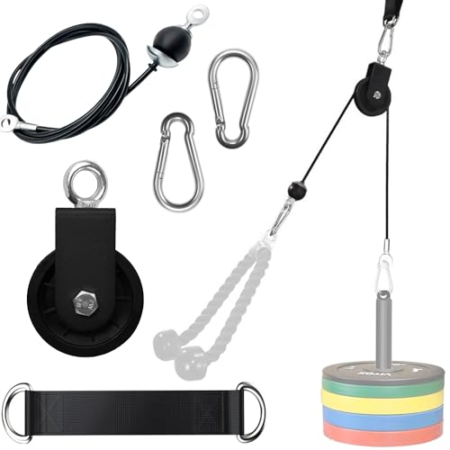 Cable Pulley System for Home Gym, Silent 360° Rotation Nylon Pulley Wheel with Detachable Traction Block LAT Pulldown & Weight Lifting Attachment for Strength Training Workouts - color: Cable Pulley Set (Pulley, 79in Cable, Strap, 2 Buckles)