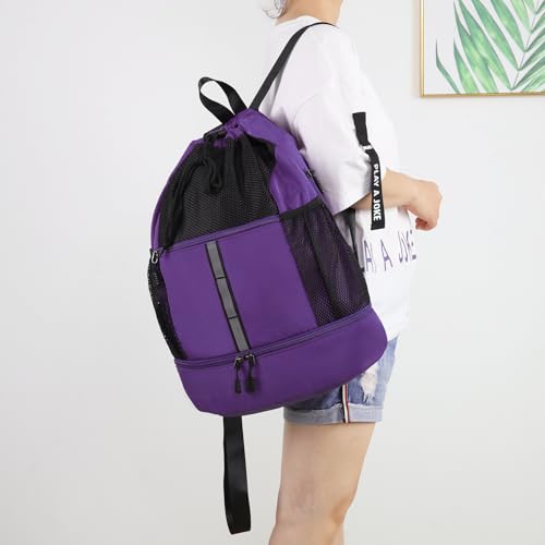 Valleycomfy Drawstring Gym Bag Sports Backpack With Shoe Compartment Purple | Reflective Strips Top Handle - color: Purple08