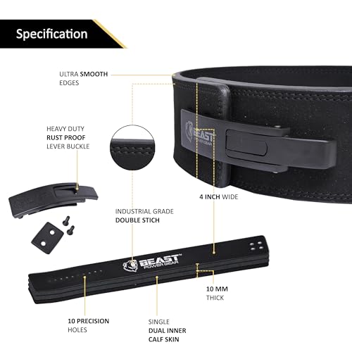 Beast Power Gear Weight Lifting Belt Lever Buckle 10MM 13MM Thick & 4 Inches Free Strap Weightlifting, Powerlifting, Deadlifts, Squats Men Women - color: Black/Black, size: XXX-Large
