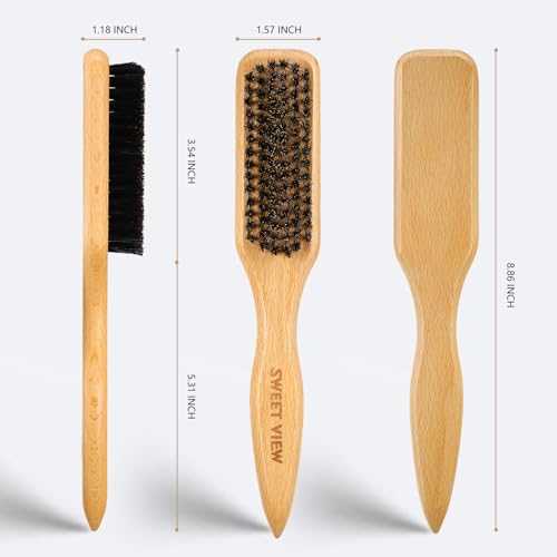 SWEET VIEW Boar Bristle Slick Back Hair Brush | Smooth Flyaways, Frizz, Sleek Ponytail, Buns and Edge Baby Hair, Gel Comb Styling Accessories for Girls, Kids and Women - color: Wood Color