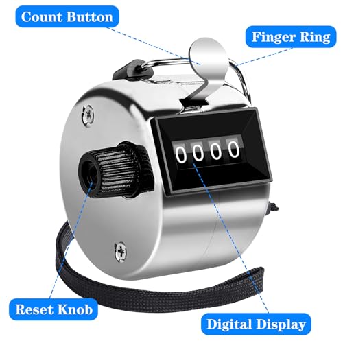 FEBSNOW 2 Pack Tally Counter Clicker 4 Digit Number for School Event | For Row Sport School Event Coaches, Mechanical 4 Digit Counting, Handheld People Clicker Counter - color: Metallic