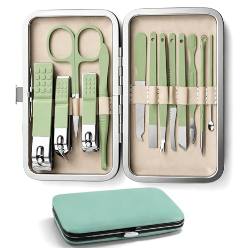 13-Piece Manicure Kit for Women Nail Travel Stainless Steel | Nail Clippers Set Pedicure Grooming With Travel Case Portable With Exquisite Leather for Men Women(Green)