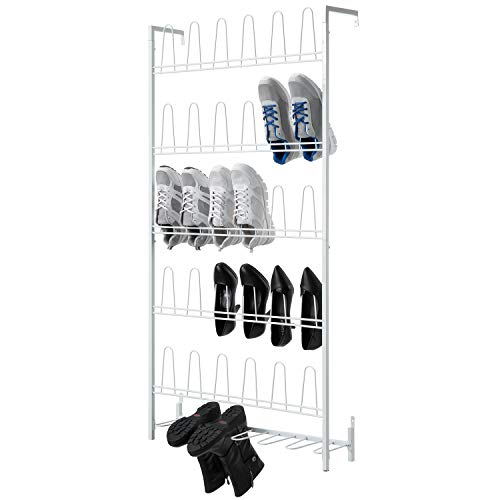 MyGift Matte White Metal Wall Mounted Shoe Rack, Holds 18 Pairs | Modern white metal wall shoe rack stores up to 18 pairs of shoes and boots while saving closet, mudroom, and entryway storage - color: White