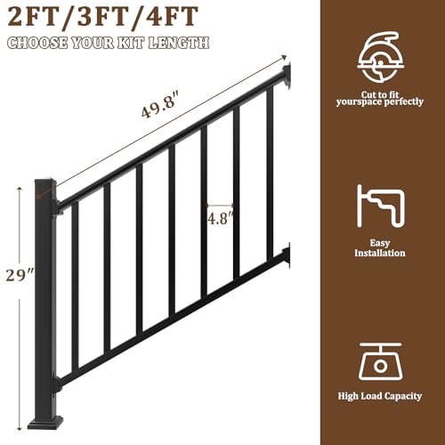 Aluminum Deck Railing Kit, Modular 36 in H. x 4 Ft W Stair Railing Kit for Outdoor Steps,Heavy Duty Balustrade System for Deck, Porch, Patio & Balcony(1 Post, 1 Panel) - size: 4 Feet-Stair
