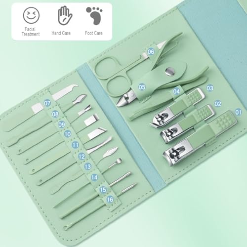 Manicure Set Professional Nail Clippers Pedicure Kit, 16 pcs Stainless Steel Nail Care Tools Grooming Kit with Luxurious Travel Leather Case - color: Purple