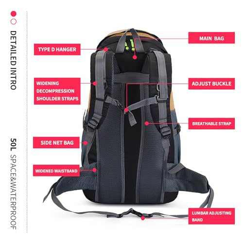 Bseash 50L Hiking Backpack, Water Resistant Lightweight Outdoor Sport Daypack Travel Bag for Camping Climbing Skiing Cycling (Gold - With Shoe Compartment) - color: Gold - With Shoe Compartment