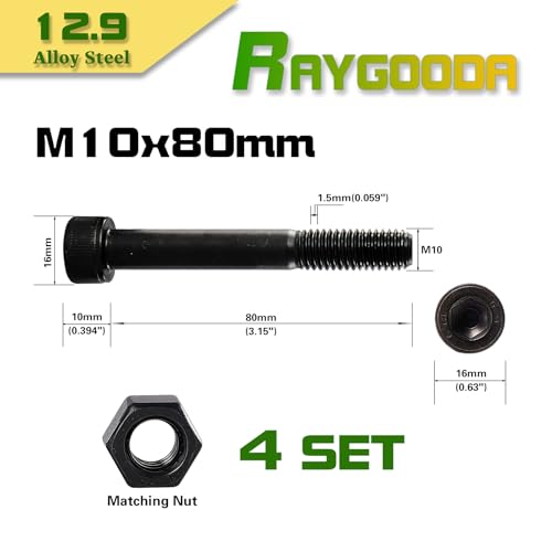 M10-1.5x80 Socket Head Cap Screw and Nut Kit 4set, Grade 12.9 Alloy Steel, Black Oxide Finish, Partially Thread, High Tensile Strength for Automotive, Machinery & Heavy Duty Use - size: M10x80mm(4 Sets）