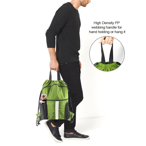 BeeGreen Drawstring Backpack Bag with Shoe Compartment, X-Large Black Gym Sports String Cinch Backpack - color: Lime