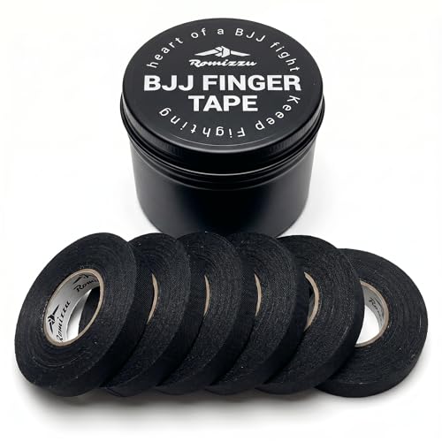BJJ Finger Tape with Metal Storage Tin - 6 Rolls (26ft) Grappling Tape, MMA | Breathable cotton, residue-free tape offers strong finger support. Great for wrestling, rock climbing, Jiu Jitsu. 0.3in wide - color: Black