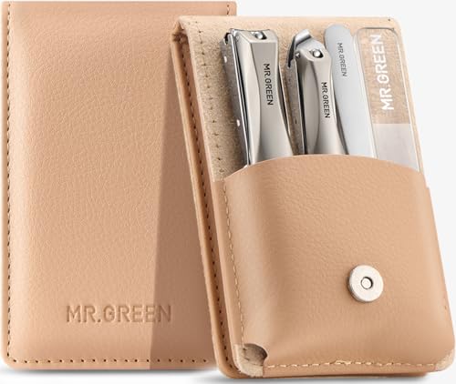 MR.GREEN 4Pcs Nail Clipper Set, Anti-Splash Upgraded Nail Clippers Kit | German Stainless Steel, Nail File+Tweezers Included, Unique Catcher, Exquisite Leather Case, for Men Women Home Travel Gift - color: Apricot