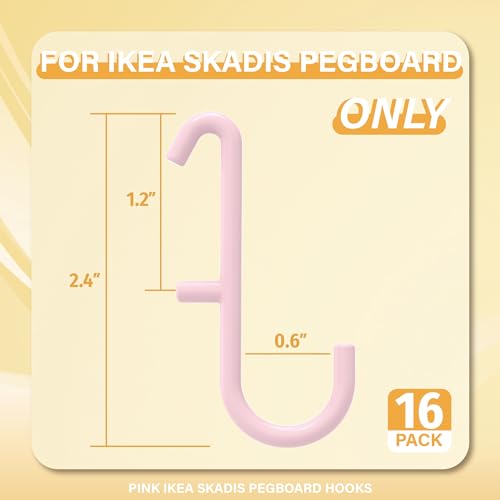 Pink Pegboard S Hooks for IKEA SKADIS, 16 Pack | Compatible with IKEA SKADIS Pegboard, Rust Resistant Steel Hooks, 18 lb Load Capacity for Kitchen, Office, Craft - style: Pink S Hook