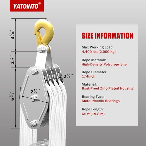 YATOINTO Rope Pulley Hoist with Metal Bearing 4400 LB, 8:1 Pulley Block and Tackle System, Pulley Block 2200LB Loading Capacity, 65ft Heavy Duty Rope Hoist for Hunting Garage Warehouse Constructions - color: White, size: UPGRADED-4wheels