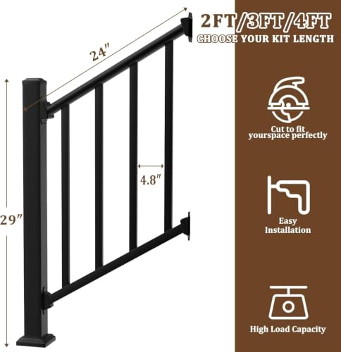 Aluminum Deck Railing Kit, Modular 36 in H. x 2 Ft W Stair Railing Kit for Outdoor Steps,Heavy Duty Balustrade System for Deck, Porch, Patio & Balcony(1 Post, 1 Panel) - size: 2 Feet-Stair