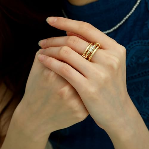 Gold Stackable Rings for Women Non Tarnish, Dainty 14K Gold/Silver Plated Cubic Zirconia Spinelli Ring Chunky Multi Rings Mixed Metals Ring Stack Set Non Tarnish Jewelry - color: Plain-Gold, size: 10