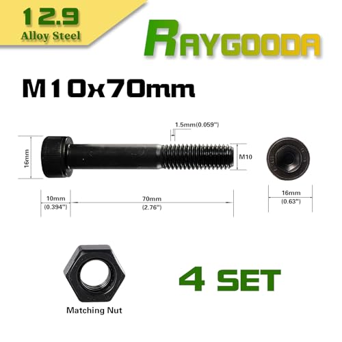 M10-1.5x70 Socket Head Cap Screw and Nut Kit 4set, Grade 12.9 Alloy Steel, Black Oxide Finish, Partially Thread, High Tensile Strength for Automotive, Machinery & Heavy Duty Use - size: M10x70mm(4 Sets）