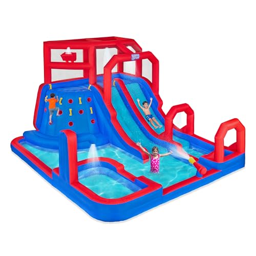 SUNNY & FUN Mega Climb N’ Go Inflatable Water Slide Park with Two Slides | Heavy-Duty Oxford Blow-Up Water Park for Kids Backyard with Deep Splash Pool, Air Blower & Carry Bag | Easy Setup & Drainage