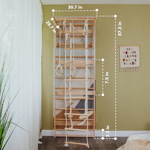 Wood And Hearts Indoor Swedish Ladder Wall Gym for Kids Active Play - Adjustable Pull-Up Bar with Rope Accessories & Decorative Panels (Climbing Module 1, 4in1 Rope Bundle) - size: Climbing Module 1