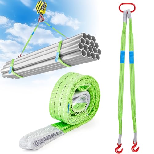2 Pcs 5 FT Heavy Duty Polyester Lifting Rigging Straps Two Leg Bridle Web Sling with Hook & Twist Eye Lift Strap for Hoist Engine Crane Truck Tow Tree Stump 6613 Lbs Load Capacity, Green