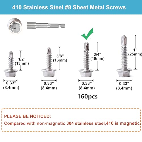 QSJ 160PCS #8 x 3/4'' Sheet Metal Screws 410 Stainless Steel Hex Washer Head Fast Self Tapping Screws with Screwdriver Bit Silver - color: Hex #8x3/4‘’（160）