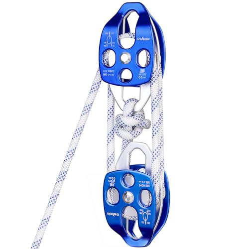 Double Block and Tackle Pulley System with 150Ft x 1/2'' Rope Pulley 7700 LB(35KN) Breaking Strength, 4:1 Lifting Power Sheave Pulley Hoist System for Garage, Attic Heavy Lifting - size: 1/2'' x 150ft
