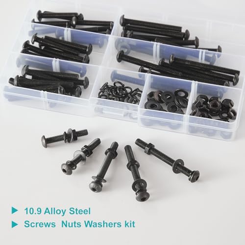 200 PCS M5 x 30mm 35mm 40mm 45mm 50mm, Button Head Socket Cap Screws Bolts Washers Nuts Assortment Kit, 10.9 Grade Alloy Steel, Black Oxide Finish, Metric Allen Hex Drive - size: Button M5x30/35/40/45/50 mm