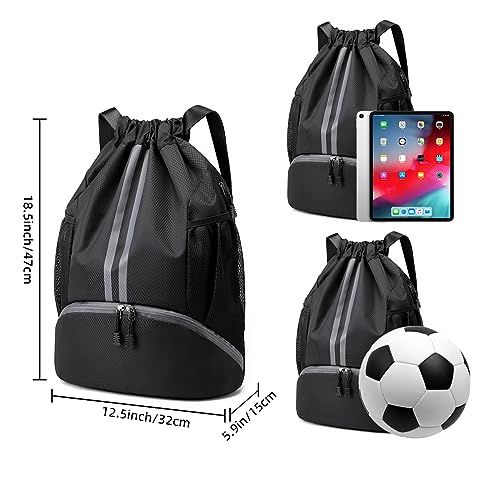 Valleycomfy Sports Drawstring Backpack - Water Resistant String Bag Black | with Side Mesh Pockets Shoe Compartment Gym Backpack for Women & Men - color: A-black