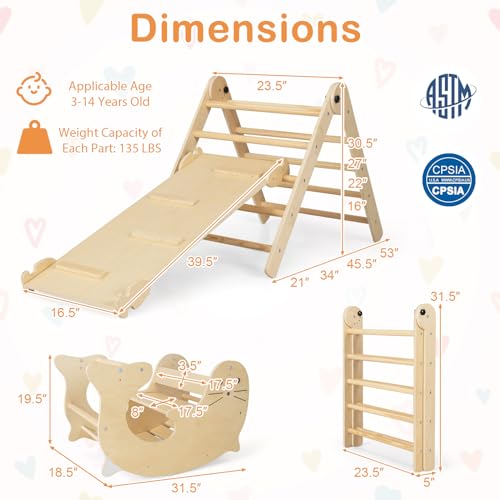 HONEY JOY 7 in 1 Climbing Toys for Toddlers, Wood Triangle Climber w/Ramp for Sliding or Climbing, Rocker, Foldable Montessori Triangle Climbing Arch Set for Daycare, Gym & Playground, Natural - style: 7 In 1 Natural