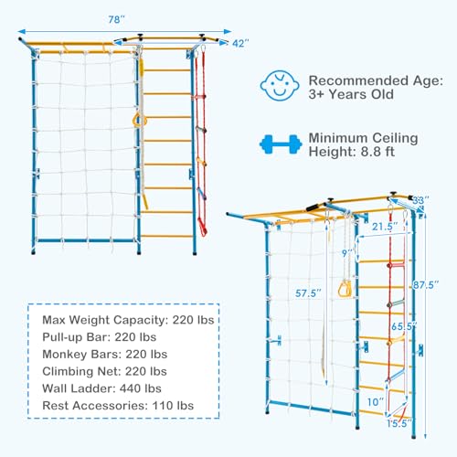 HONEY JOY Climbing Toys for Toddlers, Upgrade Metal Indoor Kids Gym for Solid Wall, Playground and Climbing Exercise Set with Rope Ladder, Pull-up Bar, Monkey Bars, Gymnastic Rings (7 in 1) - size: 7 In 1