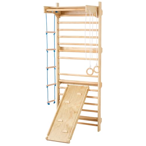 VEVOR Swedish Wall Gym, 15-Level 5 in 1 Wooden Indoor Jungle Gym, 220 lbs Load Capacity Playground Climbing Toys with Pull-Up Bar, Gymnastic Rings, Wall Ladder, Rope Ladder, and Slide Board - style: 15-Level 5 in 1