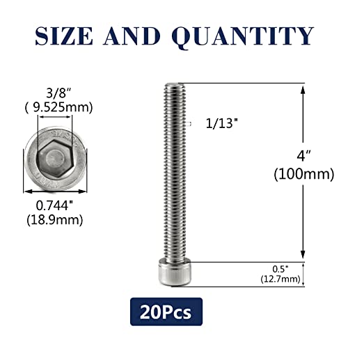 1/2-13 x 4 Socket Head Cap Screws Bolts, 20Pcs 304 Stainless Steel 18-8, Allen Socket Hex Drive, Full Thread, Bright Finish by SG TZH(with Hex Spanner) - size: 1/2-13 x 4"
