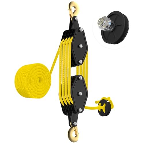 YATOINTO Rope Hoist Pulley System 4400LB, 65FT Pulley Block Tackle(Yellow) | 8:1 Ratio Lifting Power, Polypropylene Fiber Rope, Metal Bearing Structure, Black-coated Housing, Ideal for Towing Lifting - color: Yellow(Powder Coating)