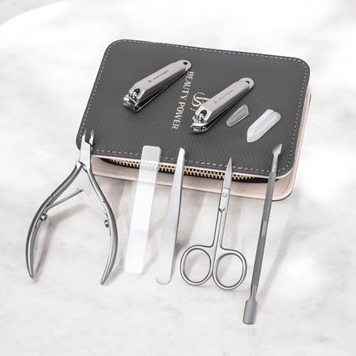 Beauty Power Manicure Pedicure Set 7-in-1 Stainless Steel, Ultra Sharp, Slanted Nail Clipper, Fingernail Clipper, Cuticle Nipper, Glass Nail File, Eyebrow Tweezers, Scissors, Case - Gift Idea - Gray